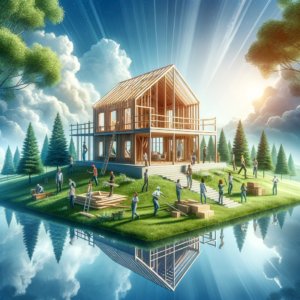 A serene landscape featuring a half-constructed modern house with a wooden frame, surrounded by lush green trees under a bright blue sky. In the foreground, a diverse group of people are actively engaged in the construction process. The scene embodies a sense of community and craftsmanship. This image illustrates the concept of building a home from the ground up, highlighting the advantages of customizing a living space to personal tastes and the joy of hands-on involvement in creating one's own home.