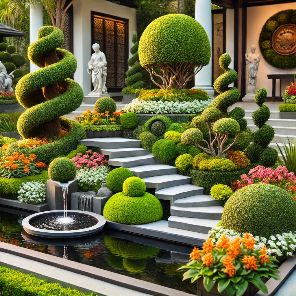 A carefully curated garden with unique features.