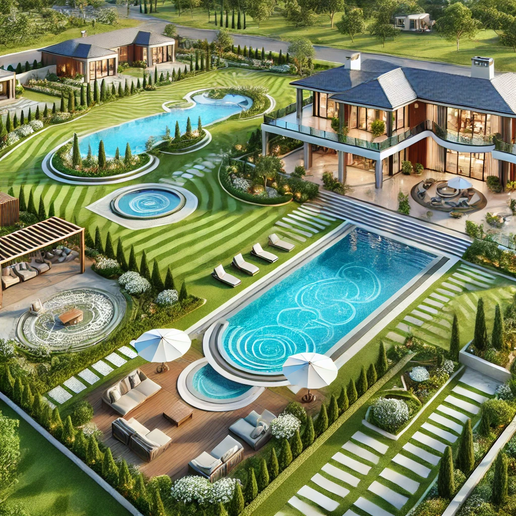 Expansive grounds with luxury amenities like a pool.