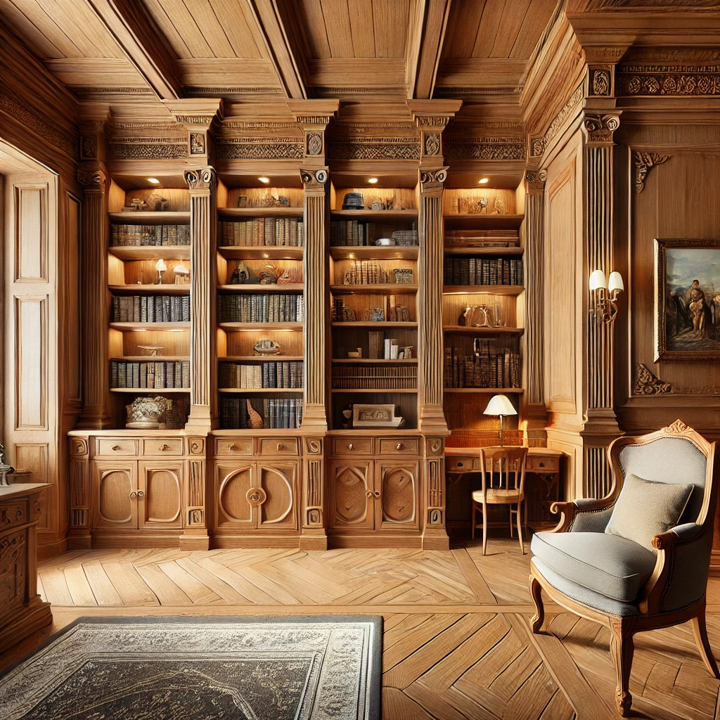 Built-in shelving and traditional woodwork.